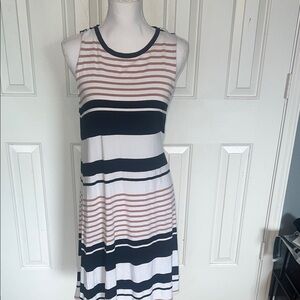 LOFT Striped Midi Dress in black, white and tan